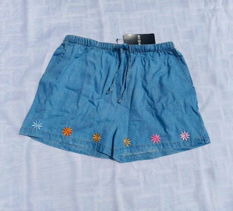 Cute Blue Embroidered Denim Shorts