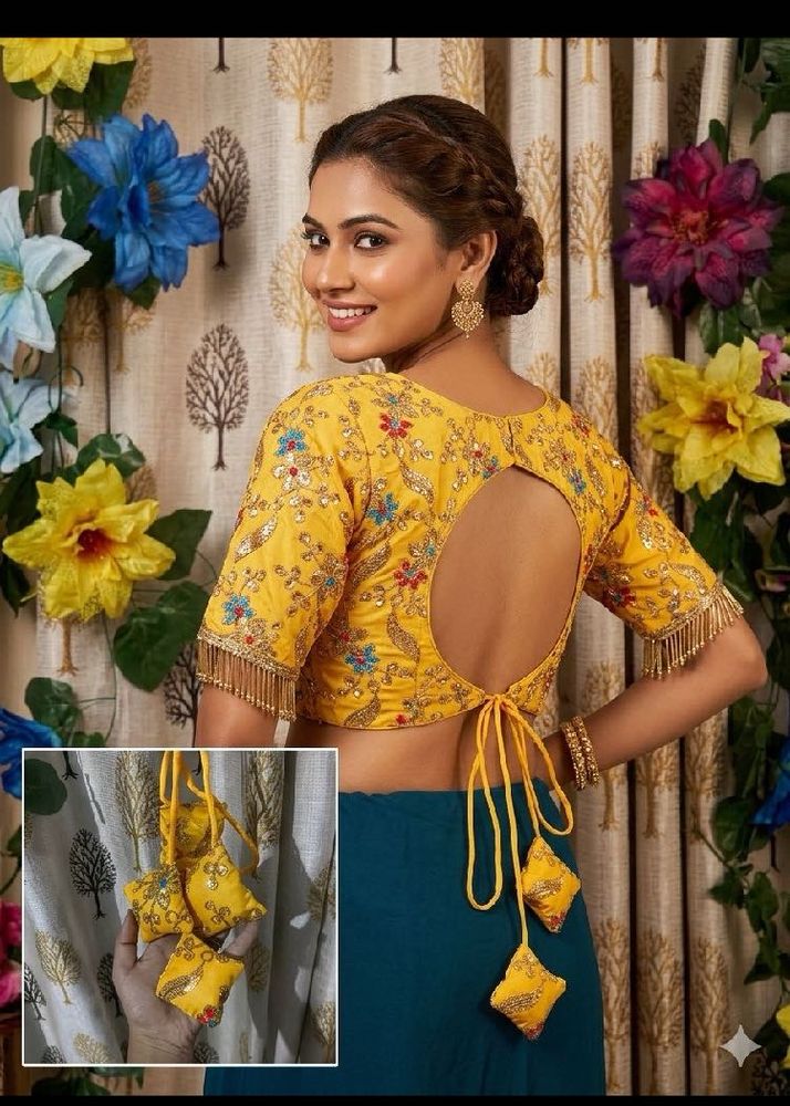 Yellow Embroidered Blouse with Tassel Tie-up