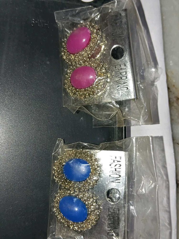 Fashion Earrings - Pink &amp; Blue Stones