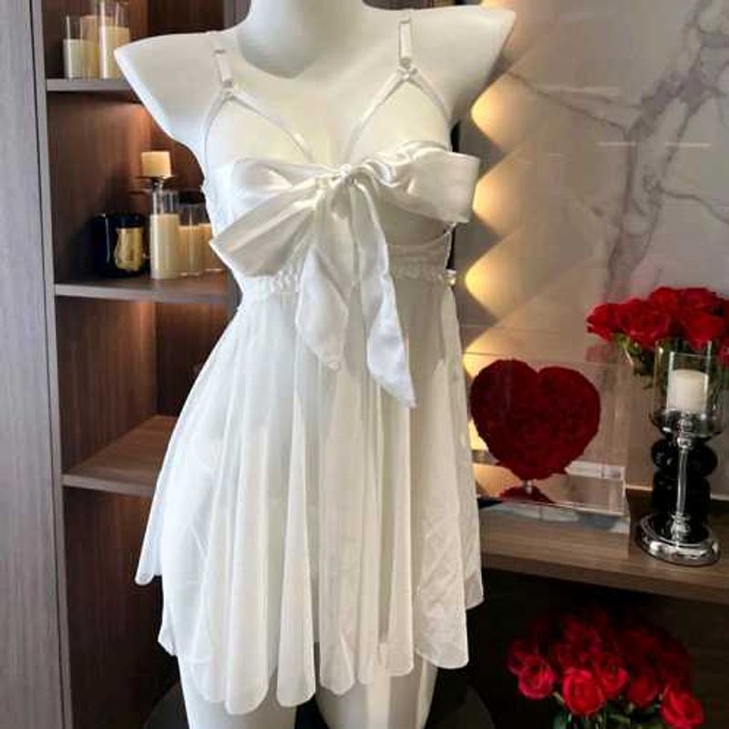 Cute White Babydoll Dress with Bow