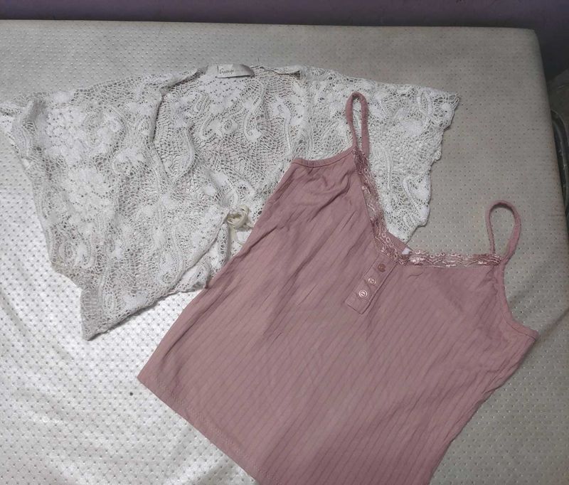 Pink Camesol and lace shrug