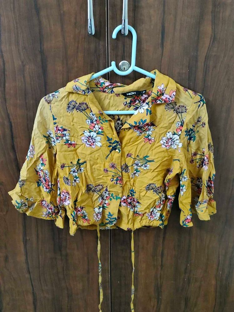 Yellow Floral Tie-Front Crop Top