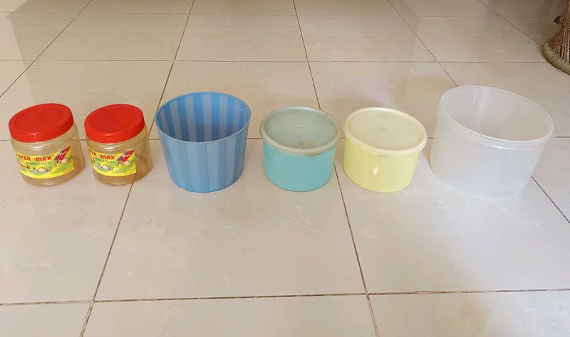 Six Assorted Plastic Containers