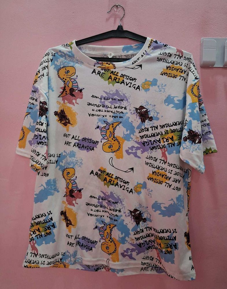 White Graphic T-Shirt with Dinosaur Print