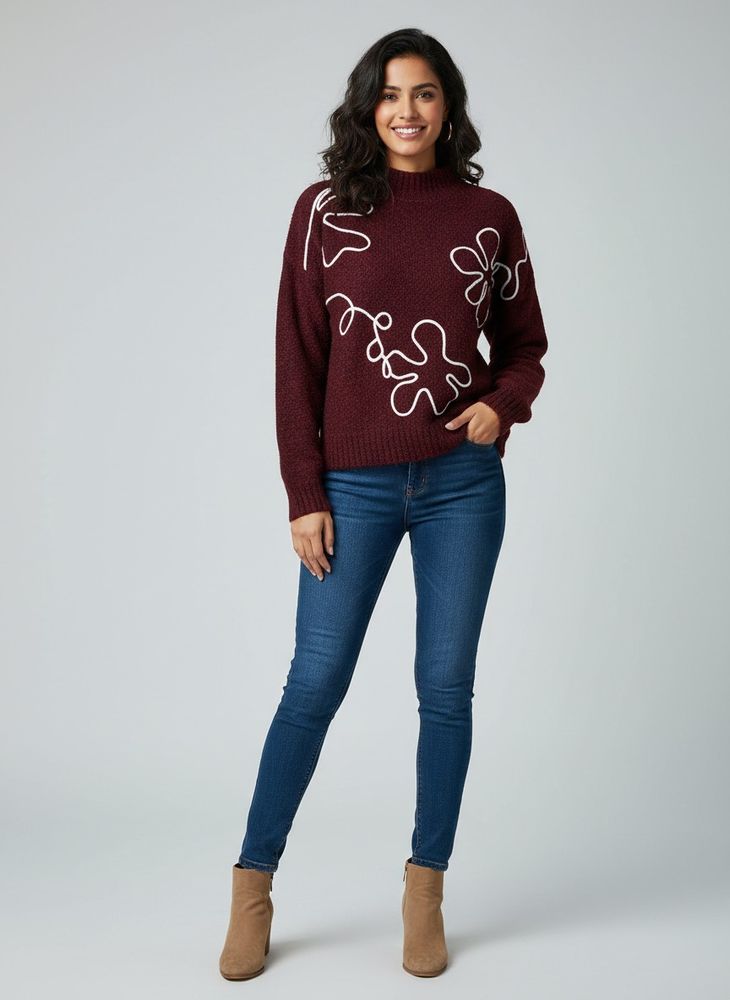 💖Burgundy Floral Pattern Knit Sweater💖