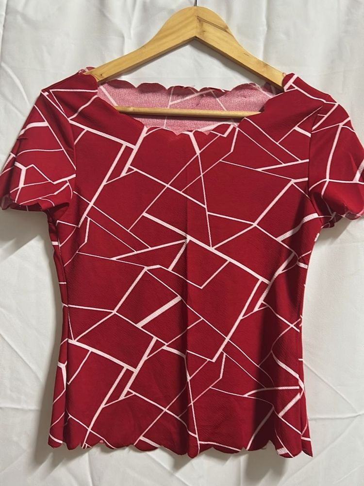 Red Abstract Print Scalloped Top