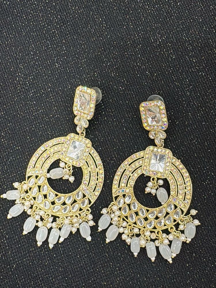 Exquisite Gold Jhumka Earrings with White REAL Y2k