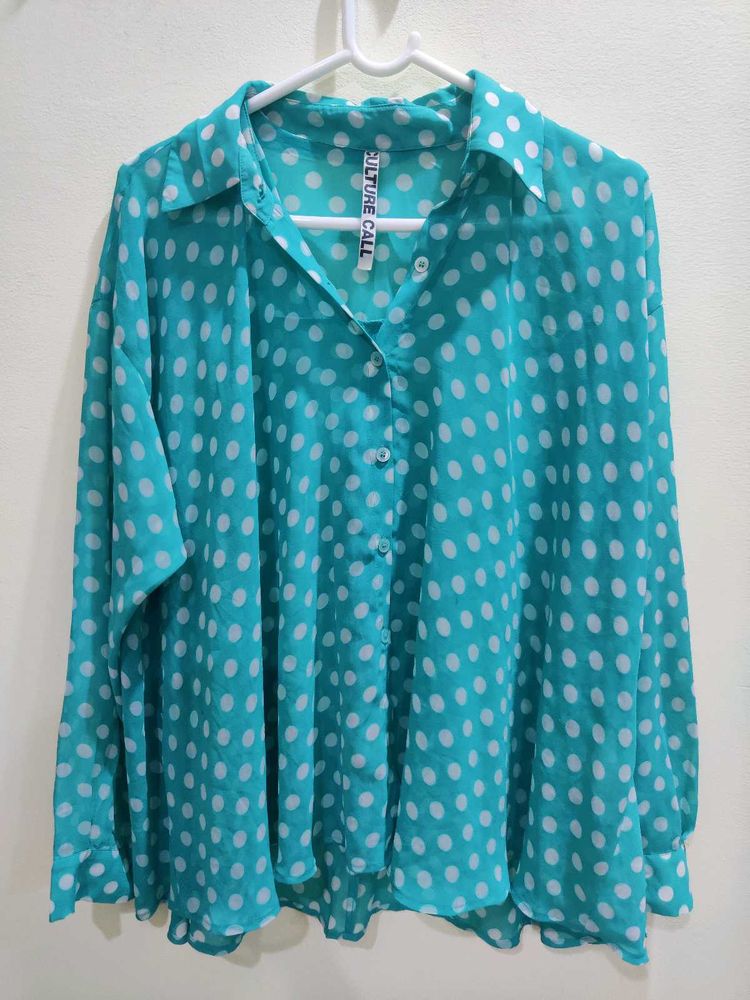 Sheer Polka Dot Button-Up Blouse