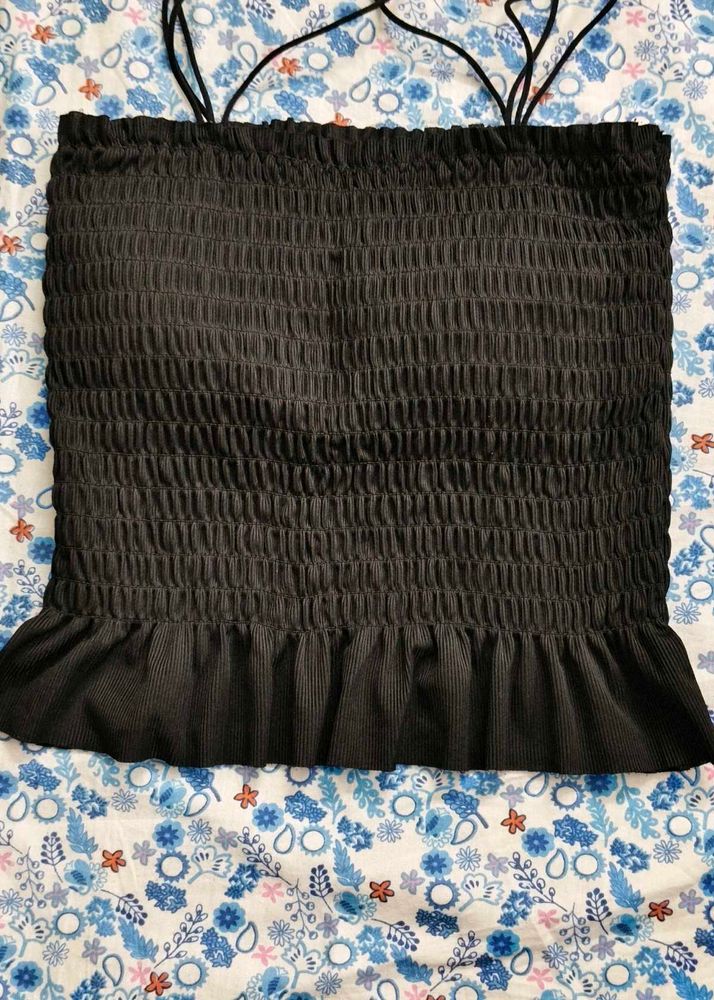 padded Smocked Ruffle Hem Crop Top