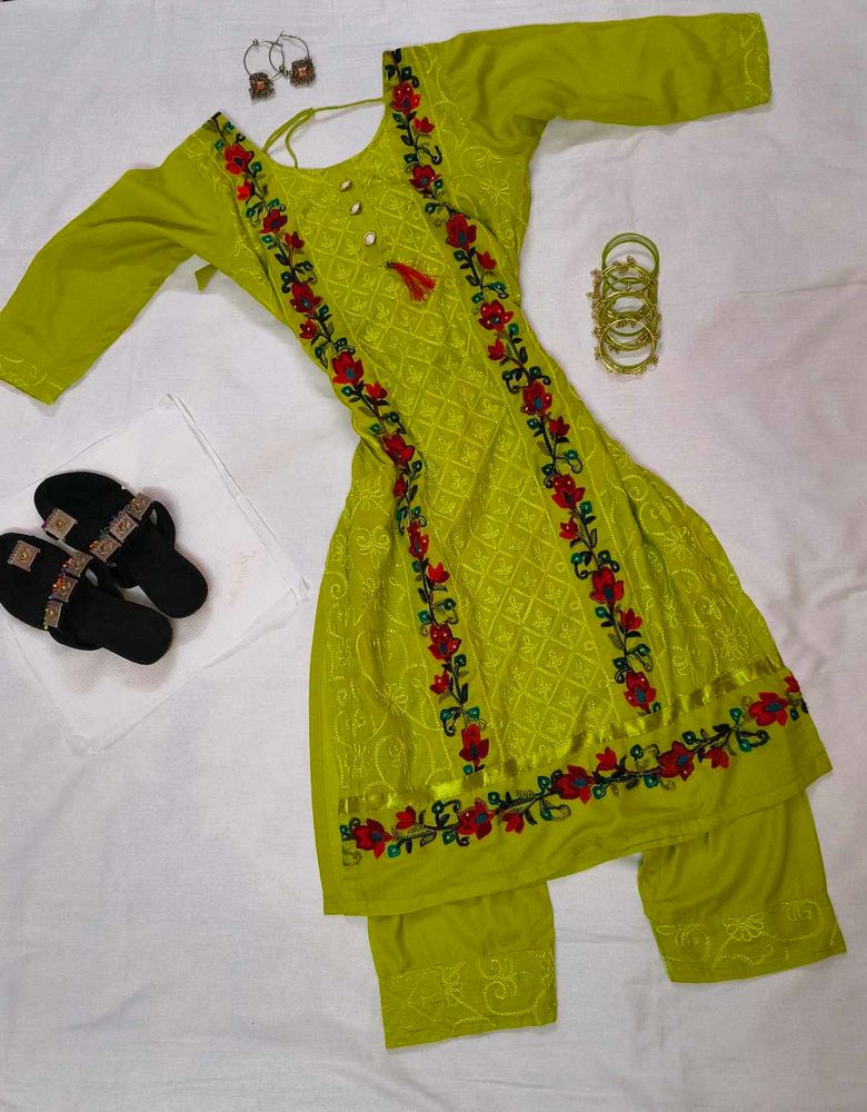 Bright Lime Green Floral Embroidered Suit
