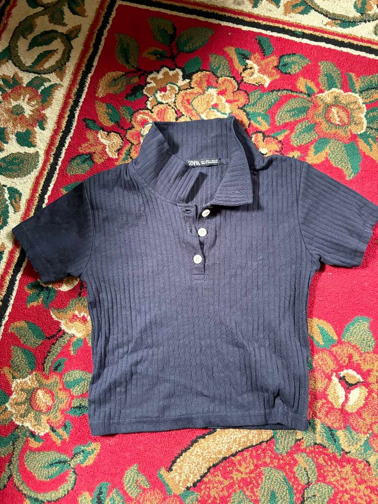 ZARA THRIFTED Navy Blue Ribbed Polo top