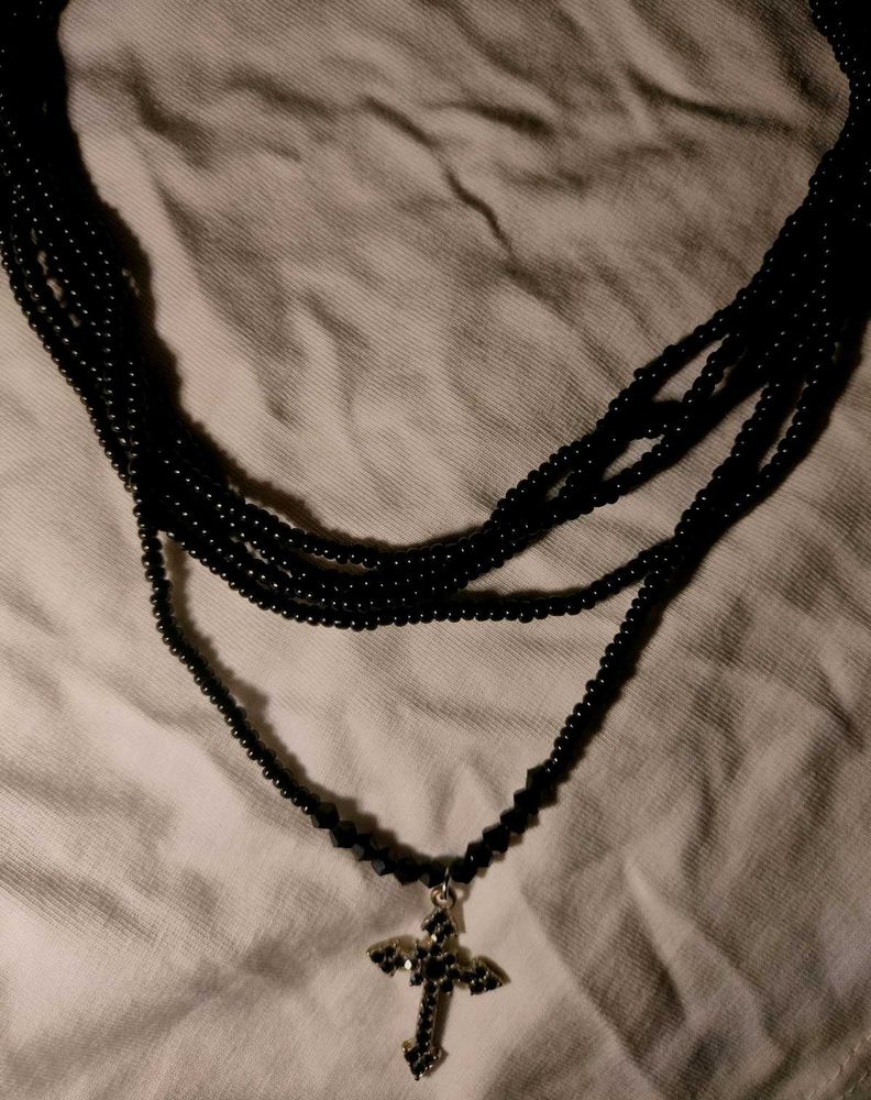 Black Beaded Necklace with Cross Pendant