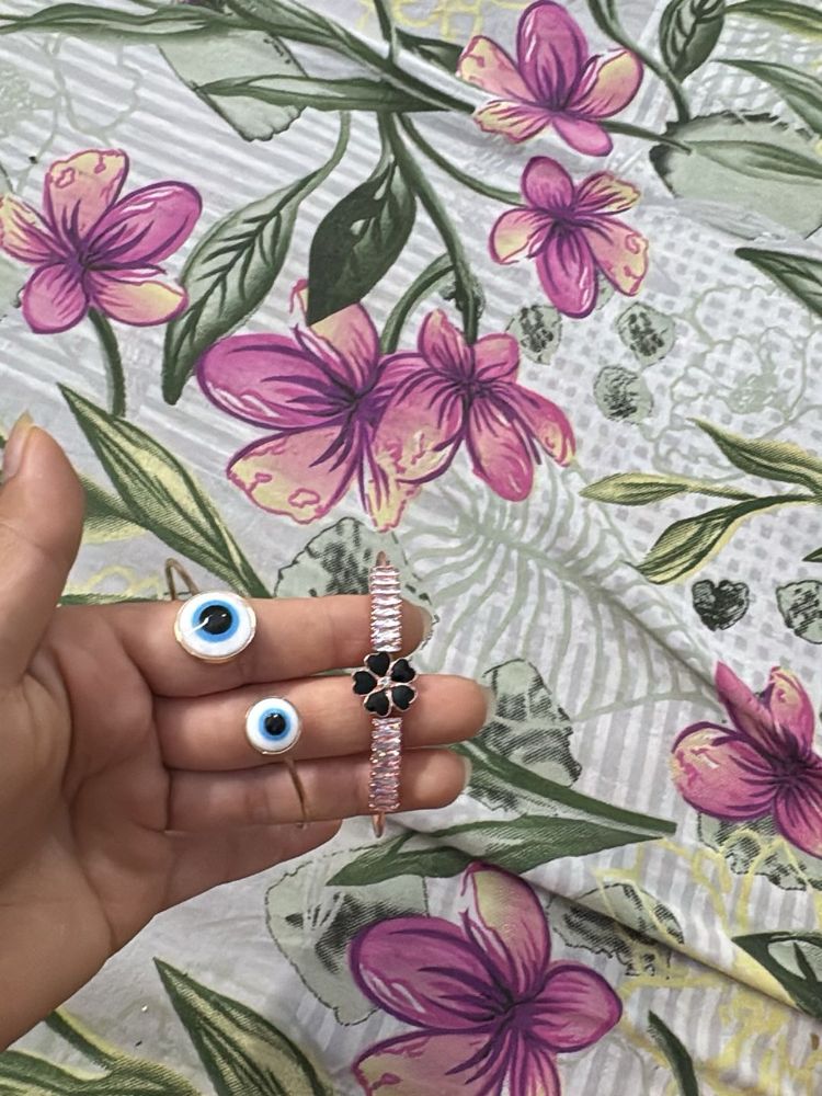 Evil Eye &amp; Flower Charm Bracelet &amp; Ring Set
