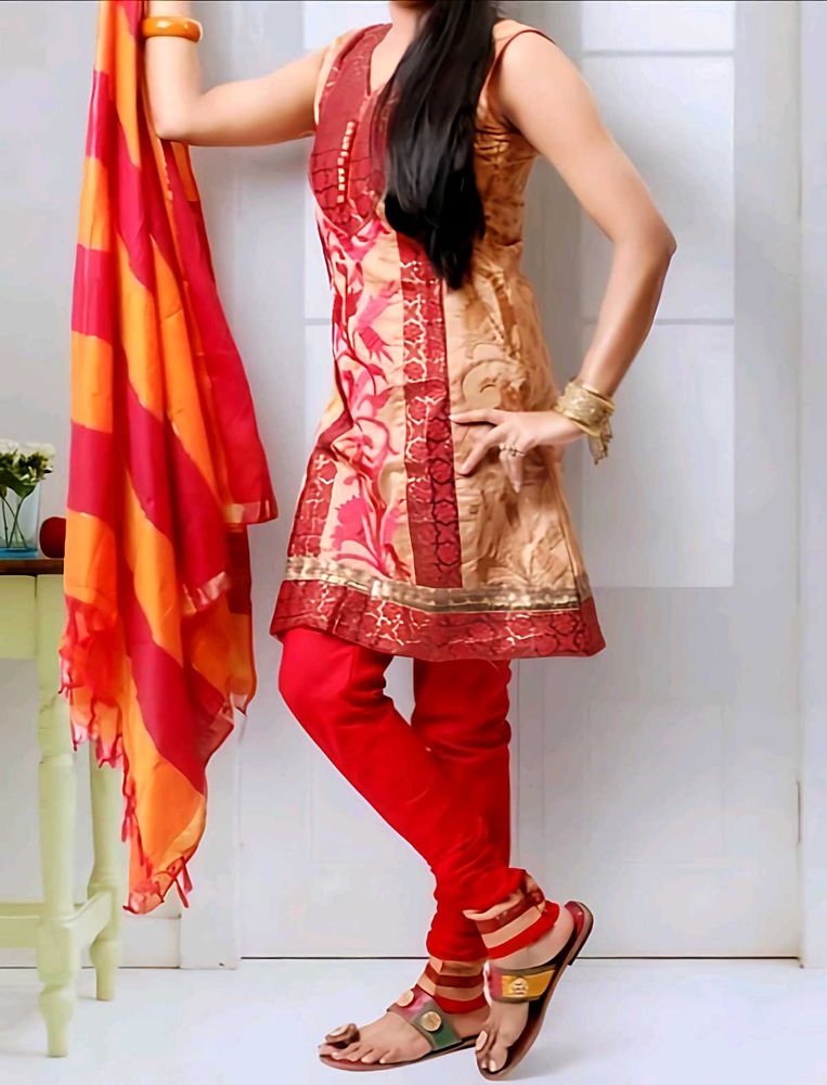 Silk Kurta Set with Embroidery in Multicolour