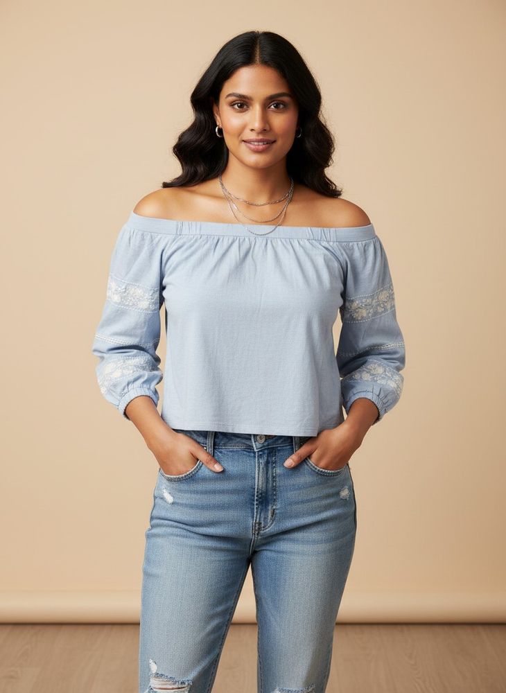 Light Blue Off-Shoulder crop Embroidered Top