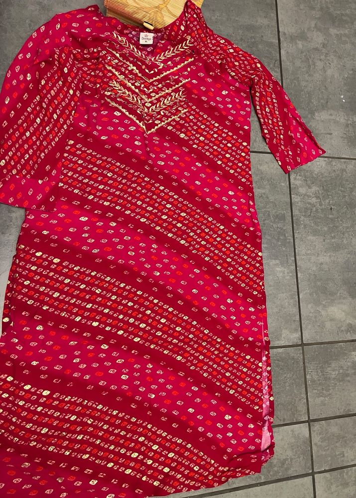 Pink (Rani) Bandhani embroidered Kurta