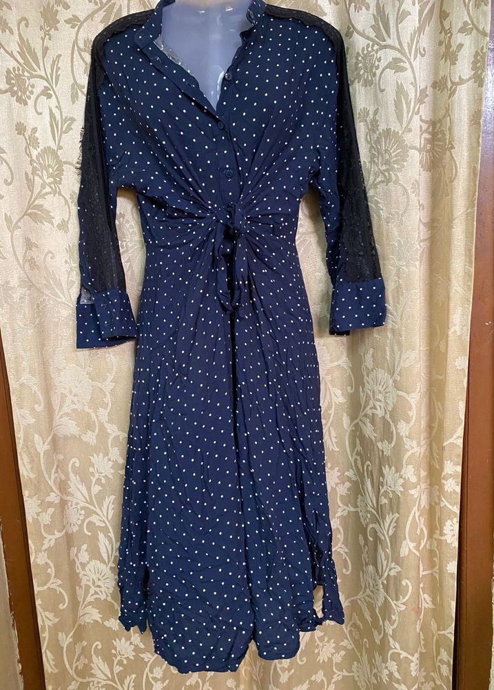 ZARA Navy Polka Dot Tie-Front Dress