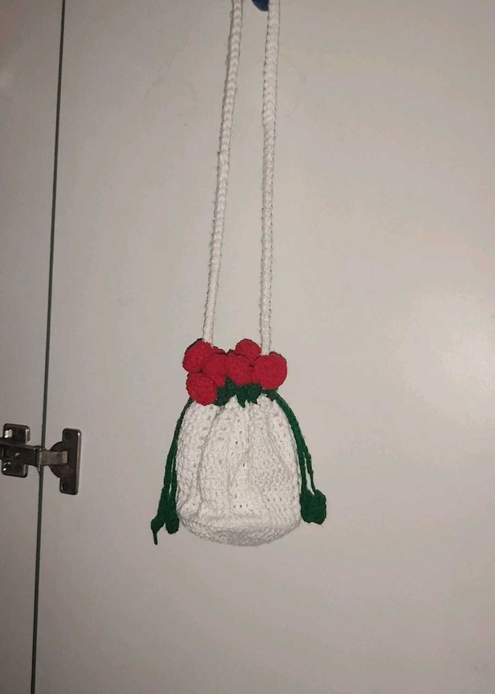 Crocheted Cherry Drawstring Bag