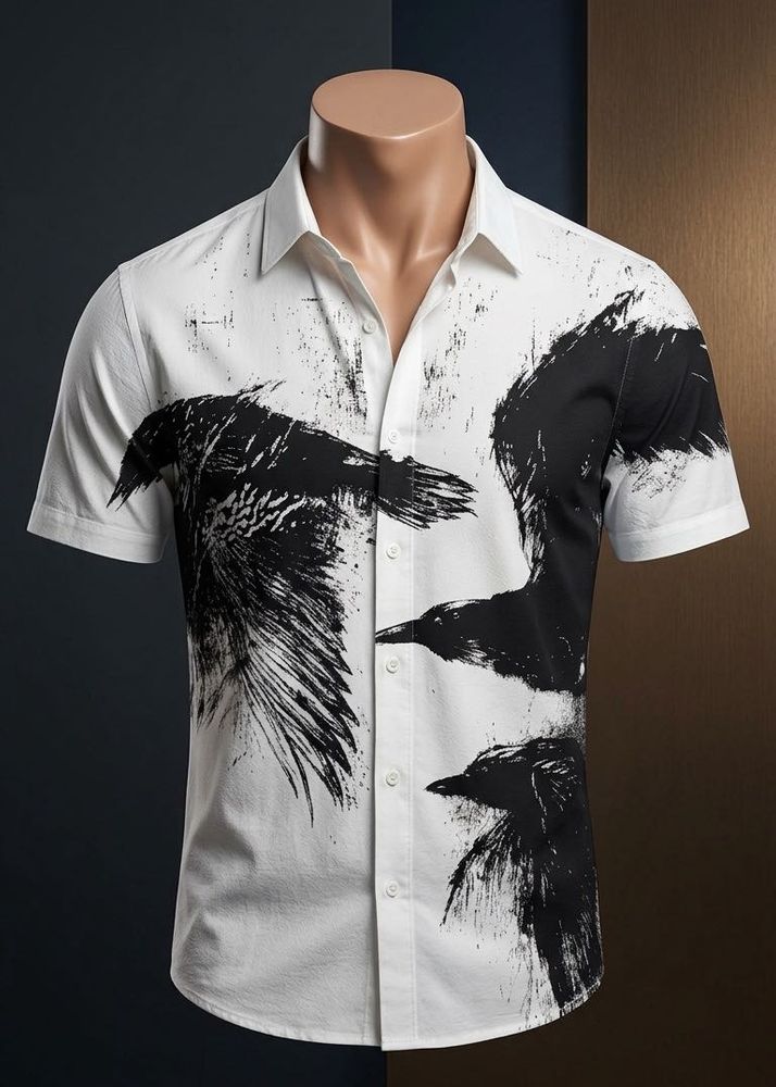 Men's White Crow Print Short Sleeve Shirt