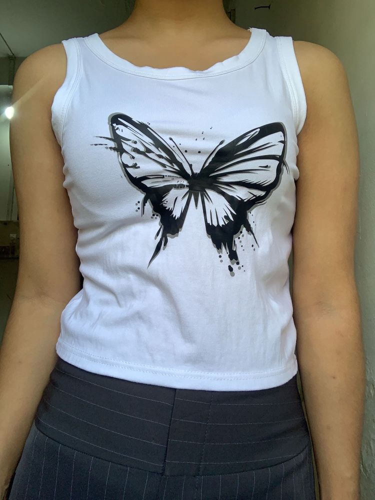White Butterfly Graphic Tank Top