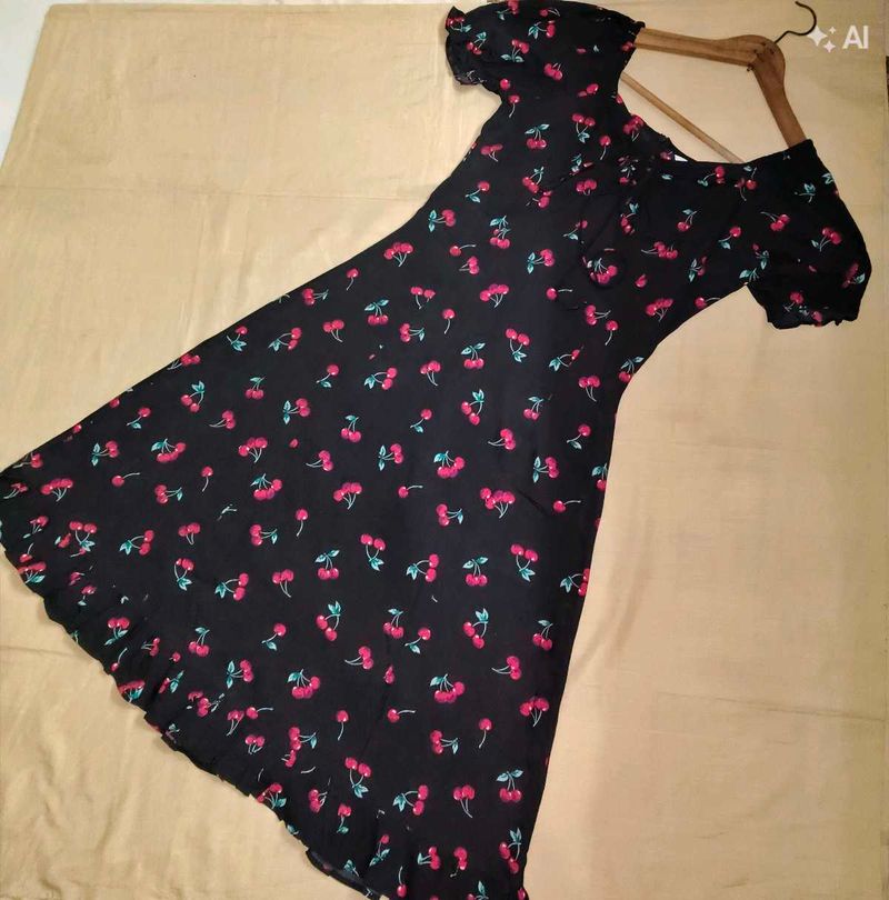 Cute Cherry Print Puff Sleeve Dress