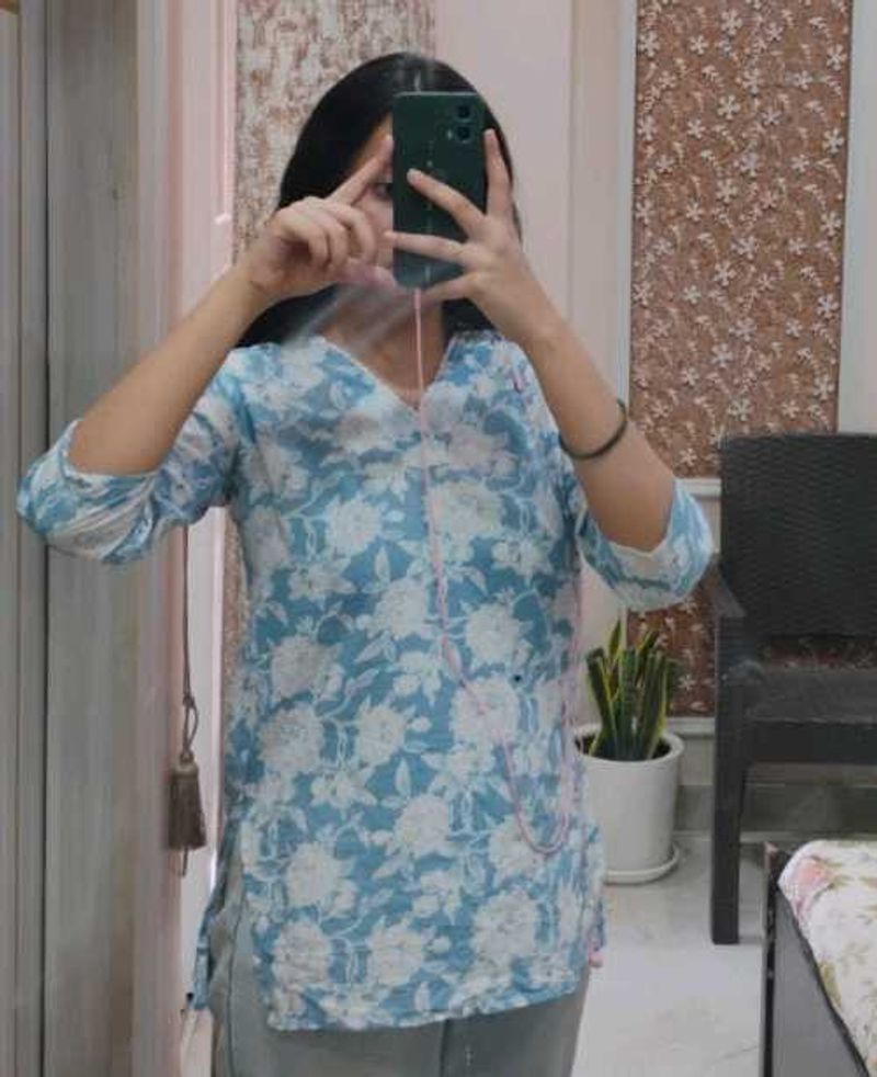 Blue Floral Kurti Top – Soft Girl Cute