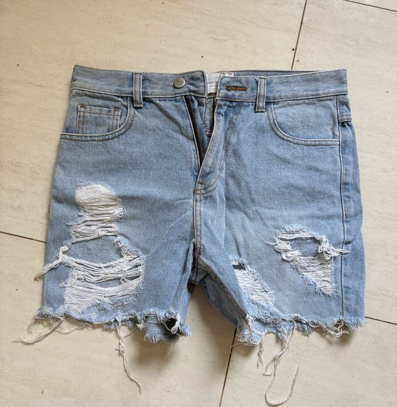 Distressed Light Wash Denim Shorts