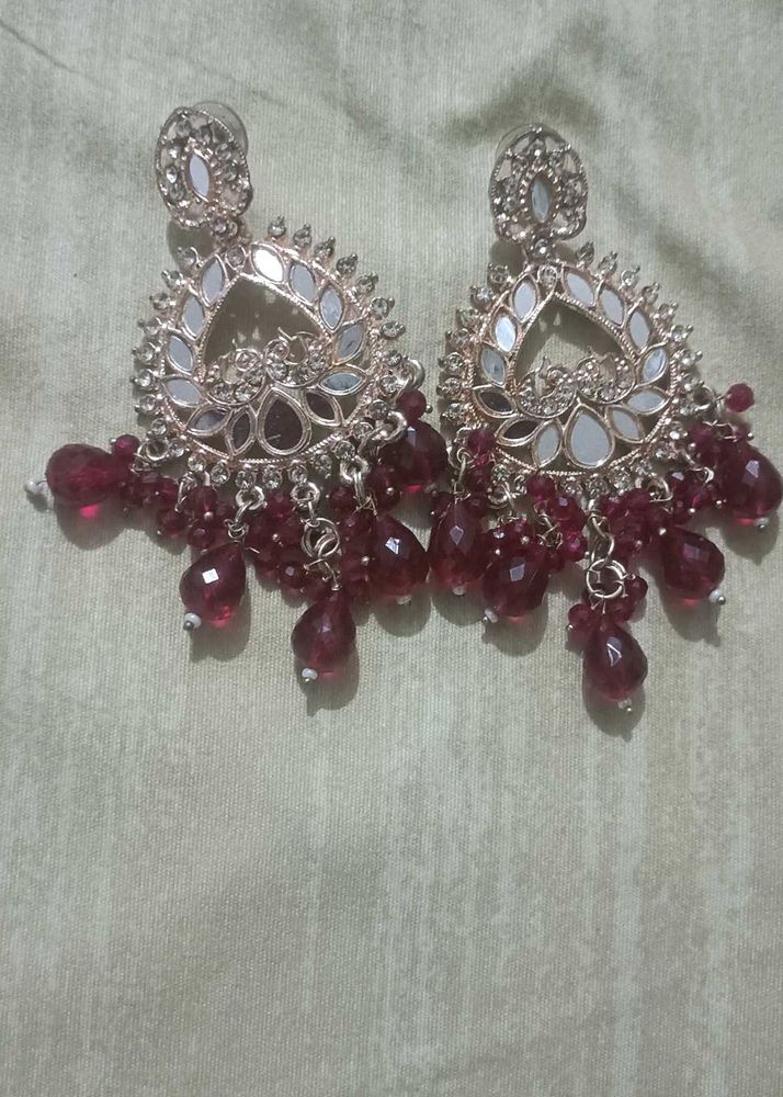 Elegant pink Stone Mirror Work Earrings