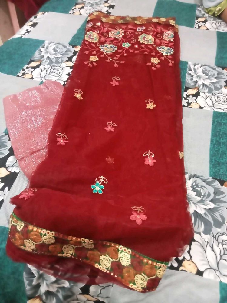 Embroidered Maroon Saree