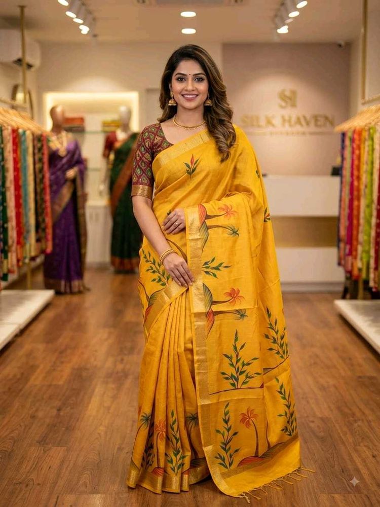 Vibrant Yellow Hand-Painted Saree