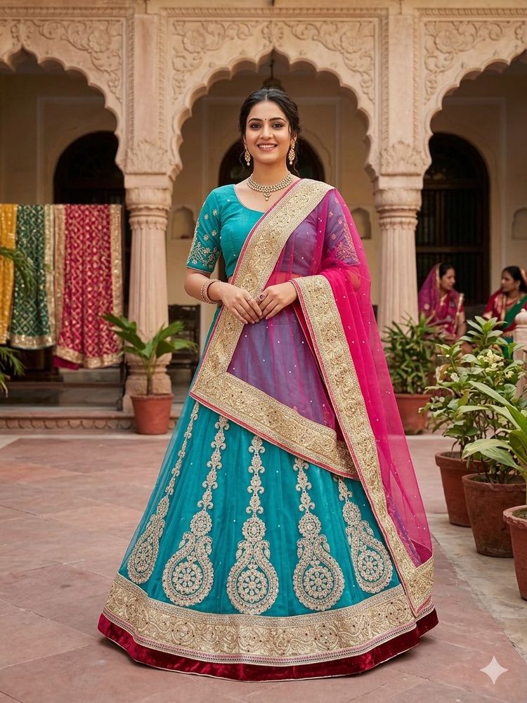 Stunning Teal Lehenga with Pink Dupatta