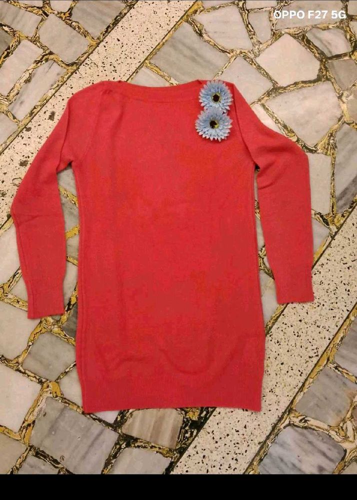 31. Coral Sweater Dress with Flower Detail