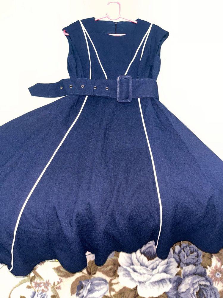classic vintage Navy Blue Fit and Flare Dress with