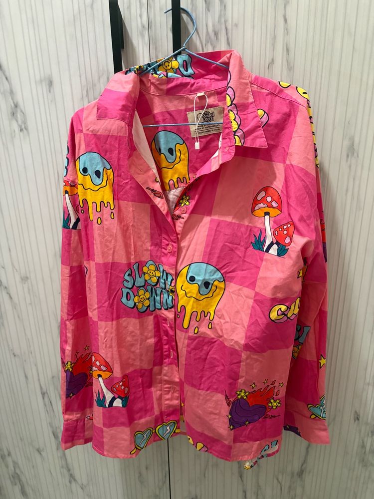 Pink Graphic Print Button-Up Shirt