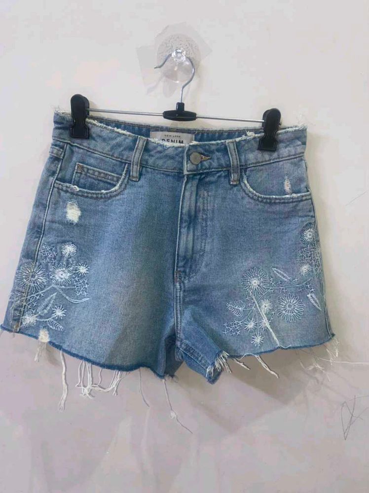 Embroidered Denim Shorts
