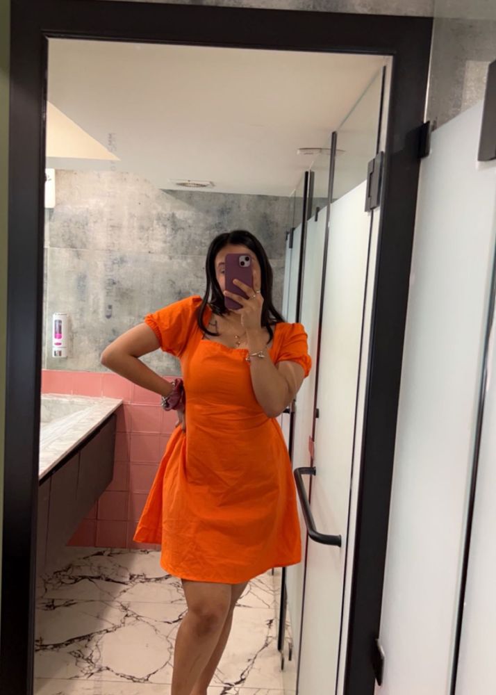 Orange Puff Sleeve Square Neck Dress✨