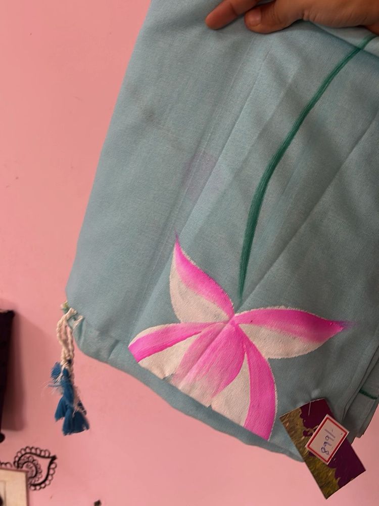 Handprinted blue saree