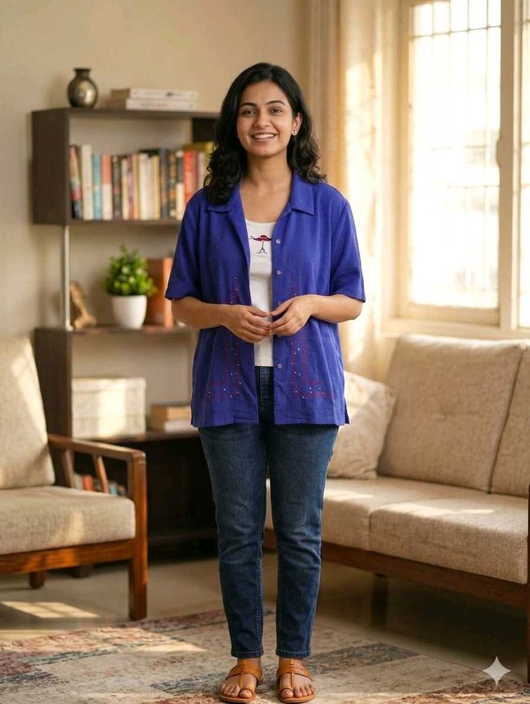 Stylish Blue Embroidered Collared Shirt