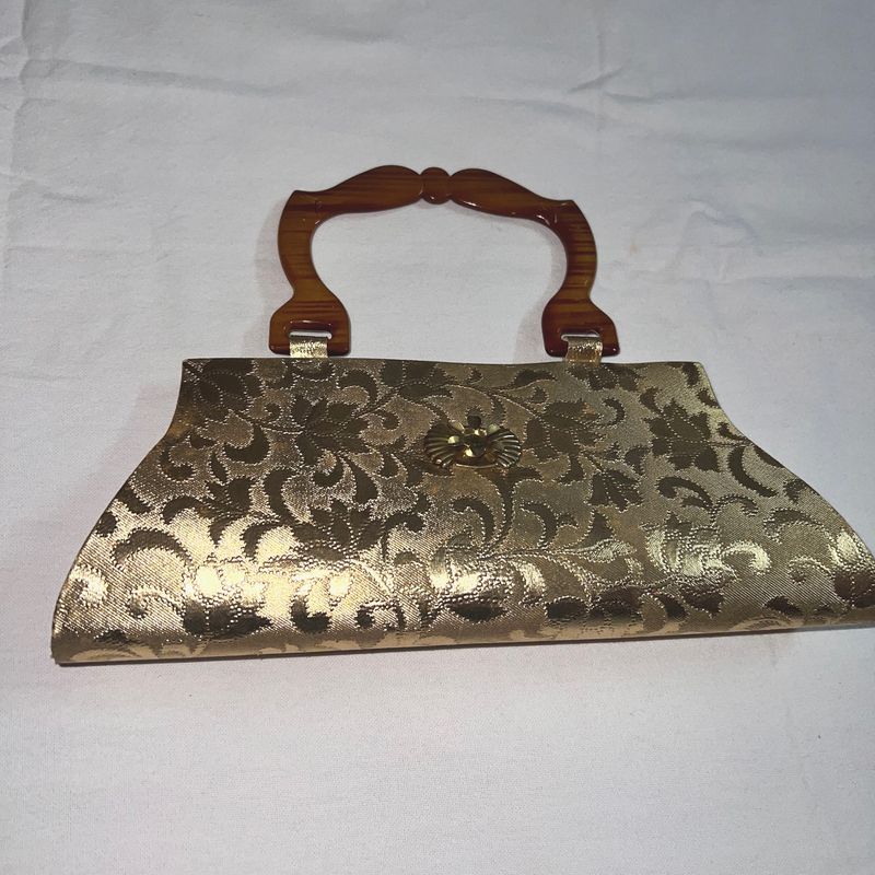 Golden Ethnic Lovely Clutch With Wooden Handle