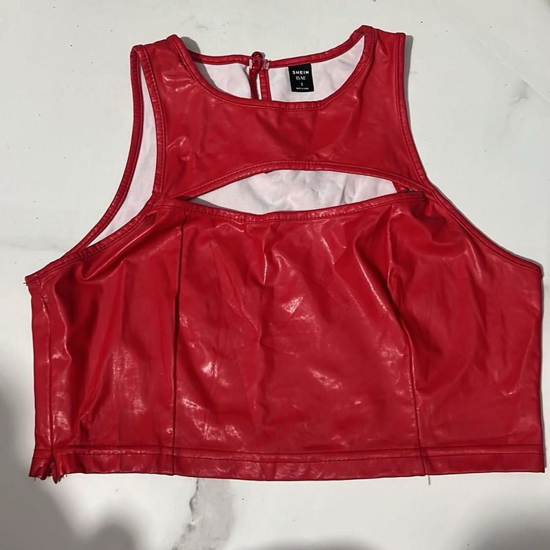 original shein Red Faux Leather Cut-Out Crop Top