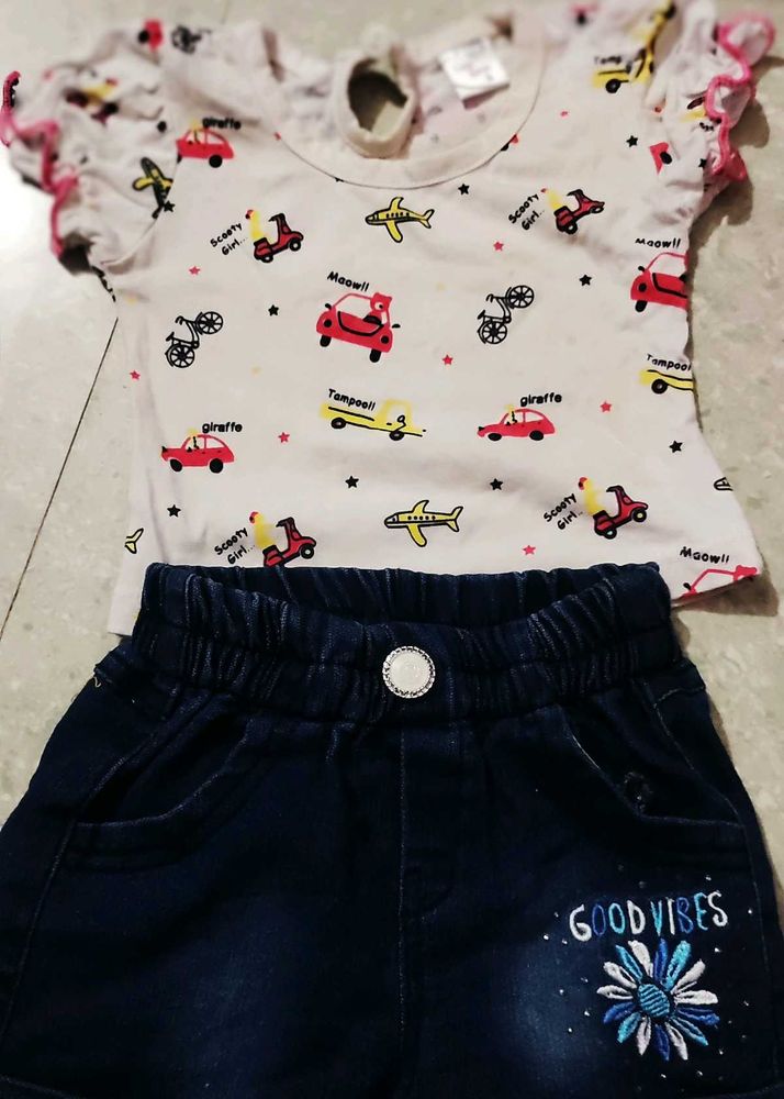 Kids Outfit: Cute Car Print Top &amp; Denim Shorts