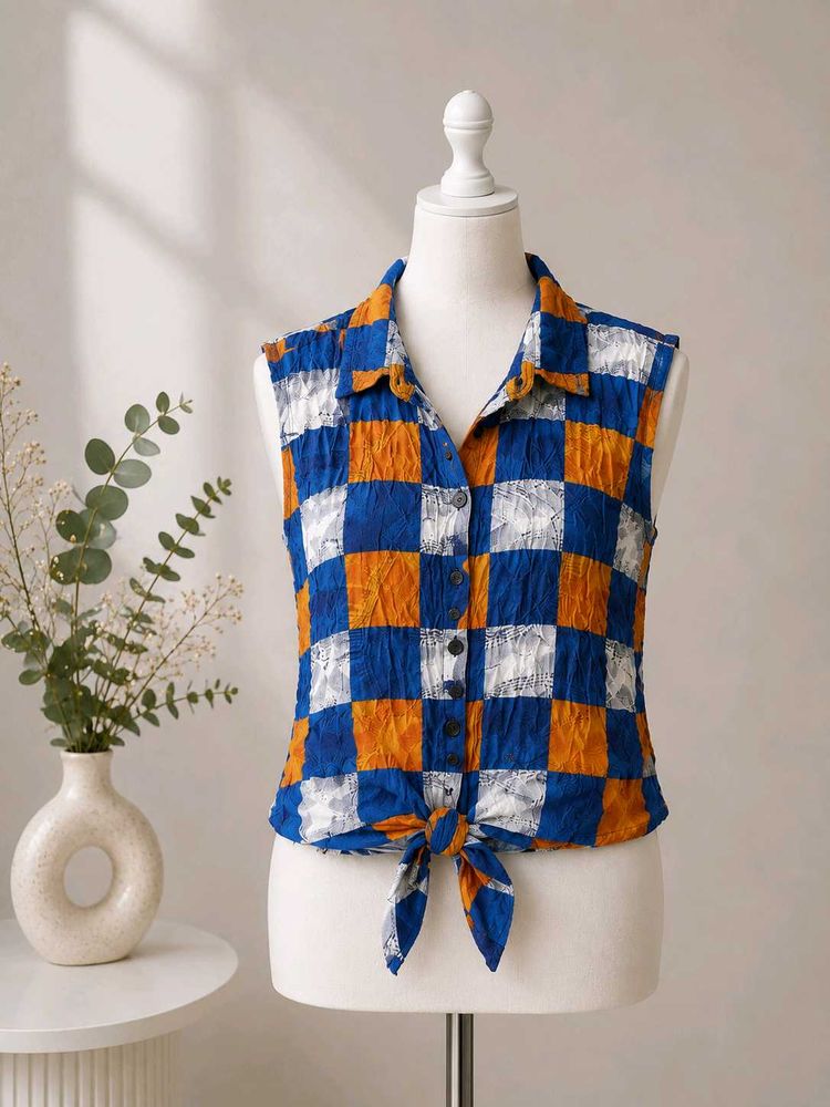 🎀150rs SALE🎀Checkered Tie-Front Sleeveless Shirt
