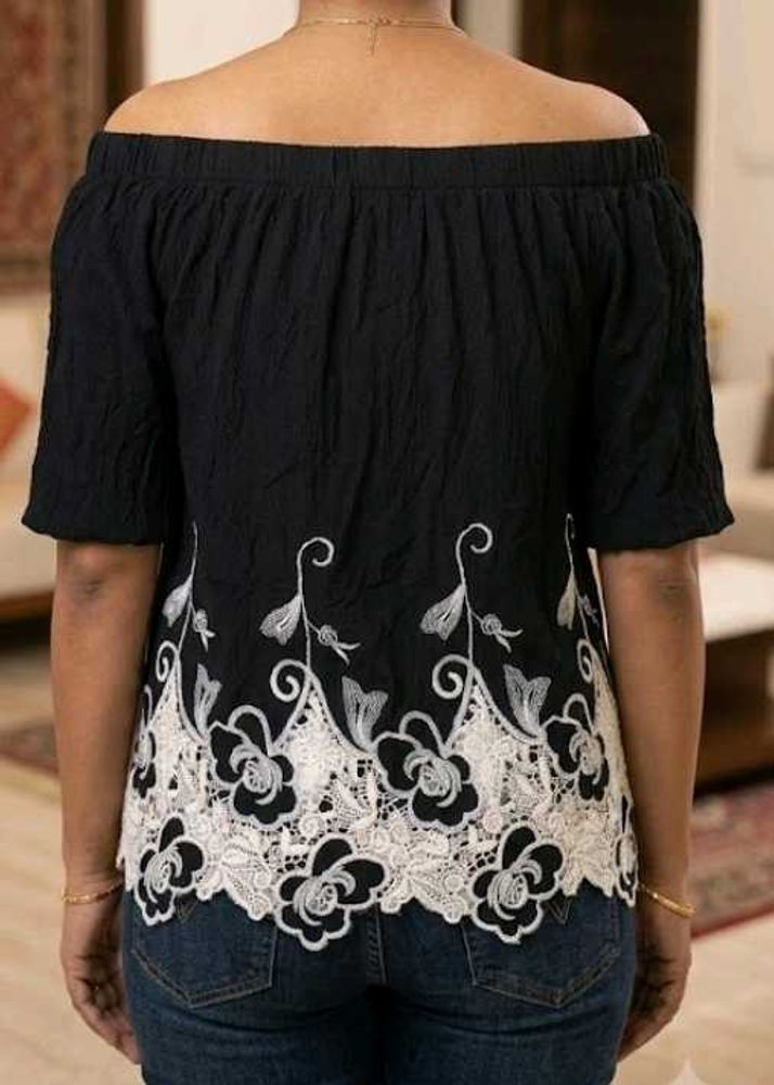 Black Off-Shoulder Top with White Cutwork Lace Hem
