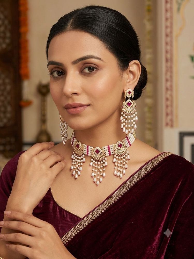 Royal Pearl &amp; Maroon Kundan Choker Necklace Set wi