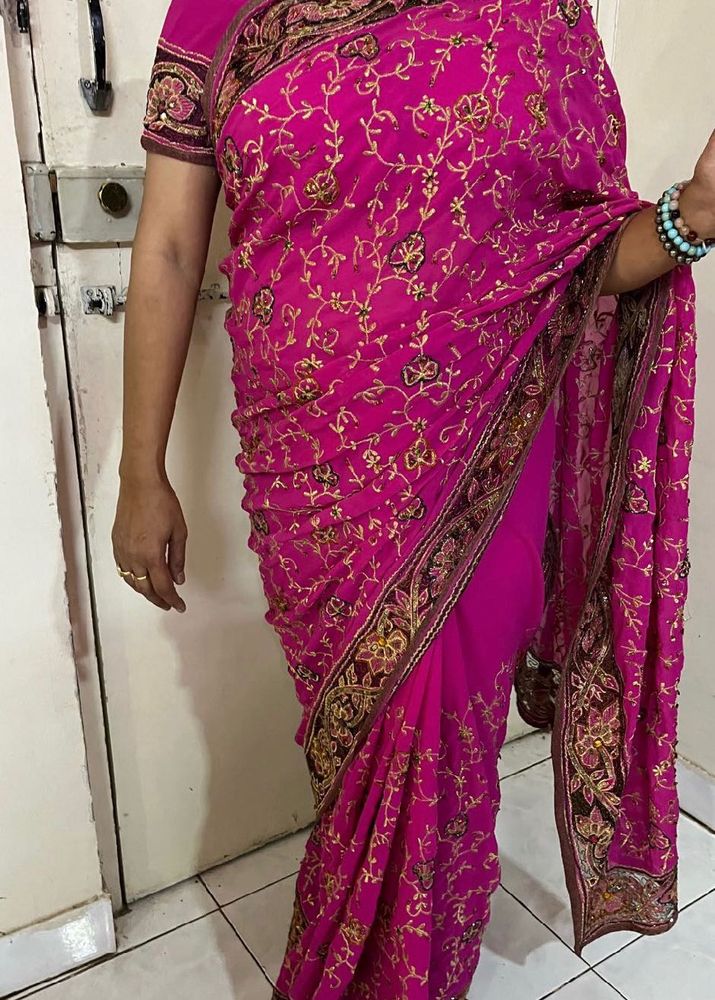 Vibrant Pink Embroidered Saree(blouse Aari work)