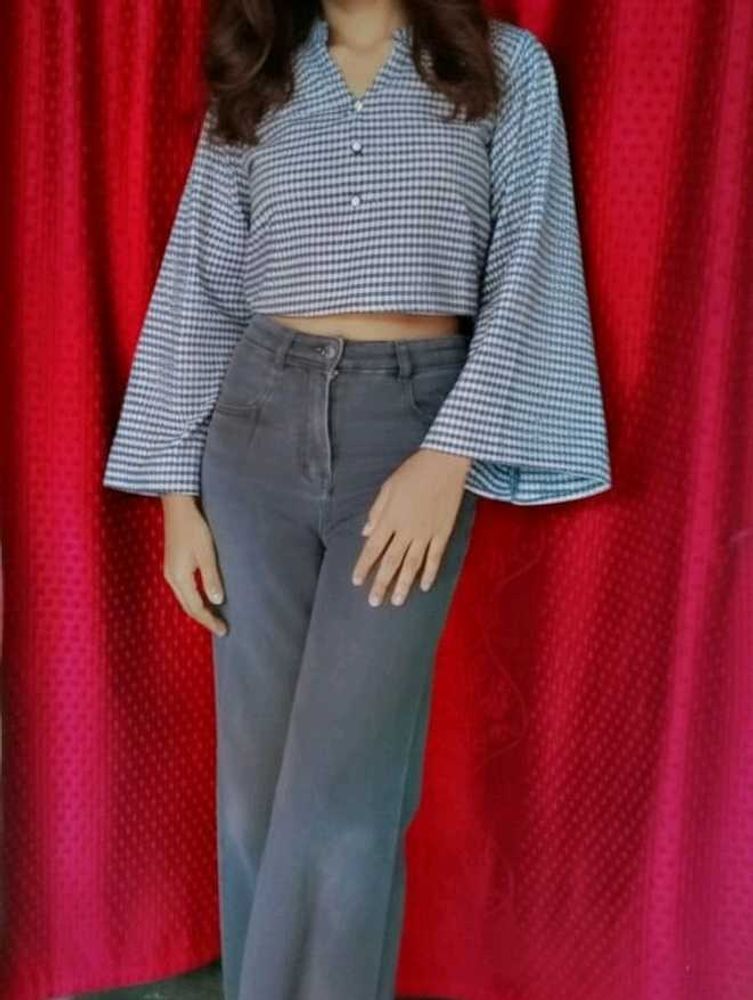checkered crop top for women with bell sleeves Chi