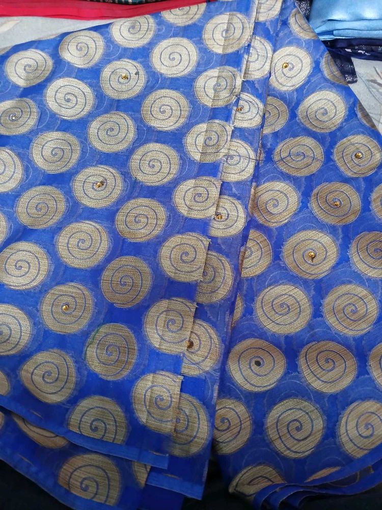 Blue Saree with Golden Swirls