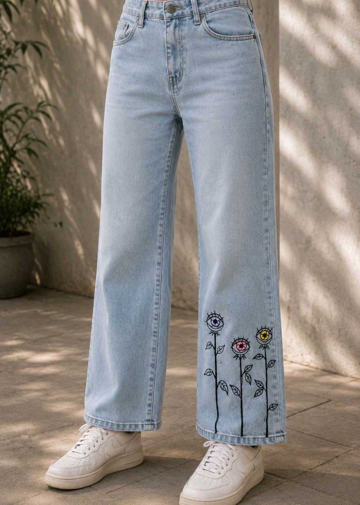 boho straight blue jeans w fabric floral eye art