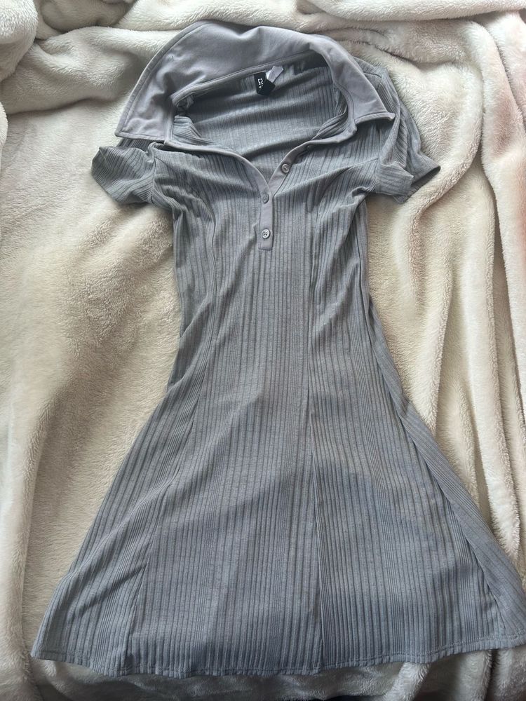 Grey Ribbed Collared Dress