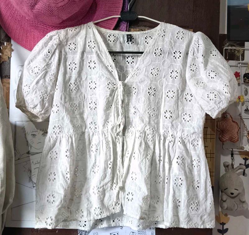 Chic White Eyelet Peplum Top